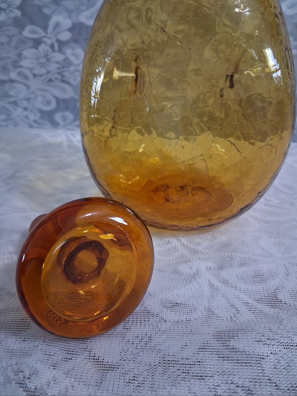 Vintage Blenko Honey Amber Pinched Crackle Glass Decanter 3 Lobe MCM - Picture 6 of 11